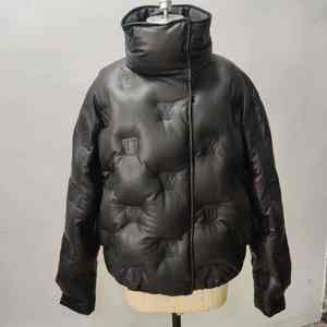 Veste d'hiver en duvet personnalisée en cuir PU gaufré, à capuche, pour femme, fermeture éclair, décontractée, chaude - Product Image 5