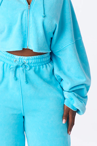 Conjunto de chándal para mujer con top corto con capucha y pantalones de corte holgado, con estampado Aqua Color y lavado ácido, hombros caídos, 100% algodón, forro polar y sudadera con capucha con cremallera - Product Image 6