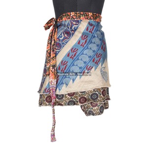 Indian <b>Wrap</b> Mini Skirt Festival Summer Casual <b>Beach</b> Sexy Look Designer Printed Rayon Silk Sari Reversible Two Layer Around Mini - Product Image 1