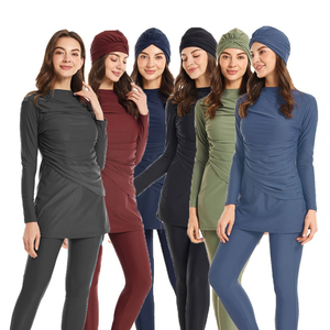 Wholesale Rate 2026 New Custom Solid Islamic Muslim <b>Swimwear</b> Women Modest Long Sleeve Top Matching Turban <b>Burkini</b> Swimsuit Set - Product Image 1