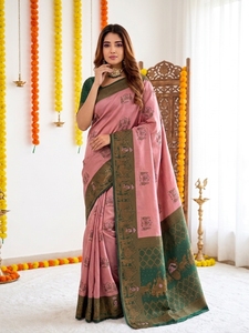 Sari de Seda Rosa y Verde AARA Fashion con Estampado Tradicional, Protección Solar para Mujer, Ropa de Boda, Corte Regular, Largo hasta el Suelo, India - Product Image 5