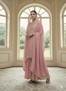 Traje Tradicional Indio Pur Chinon con Bordado de Lentejuelas, Salwar Kameez con Mangas Largas y Moti Latkan Decorativo (Sin Latkan) - Product Image 4