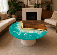 Table basse ronde en résine époxy océanique écologique de luxe |   Design de vagues de plage fait main par Agra Heritage |   Meubles d'intérieur modernes