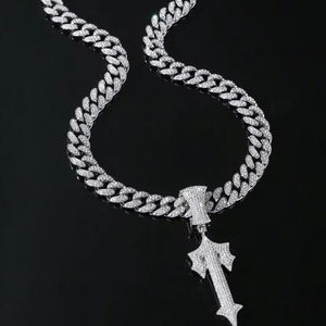 Wholesale Hip Hop Custom Name <b>Cross</b> Cuban Link <b>Chain</b> Lab Moissanite VVS Diamond Iced Necklace Moissanite Watch For Men - Product Image 1