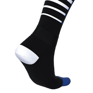 Chaussettes de football mi-hautes bleues et noires rayées, respirantes, tricotées, pour adultes, avec logo sur le corps, chaussettes personnalisées pour hommes - Product Image 2