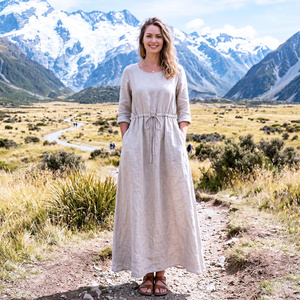 Organic 100% Cotton Vintage Bow A-Line Midi Dress Pockets Bell Sleeve Breathable Summer <b>Boho</b> Minimalist Sustainable Oversized - Product Image 1