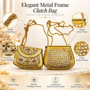 Elegant Classic <b>Gold</b> Tone Metal Frame Clutch <b>Bag</b> with Pearl and Chain Detailing for Wedding Party <b>Evening</b> Fashion - Product Image 6