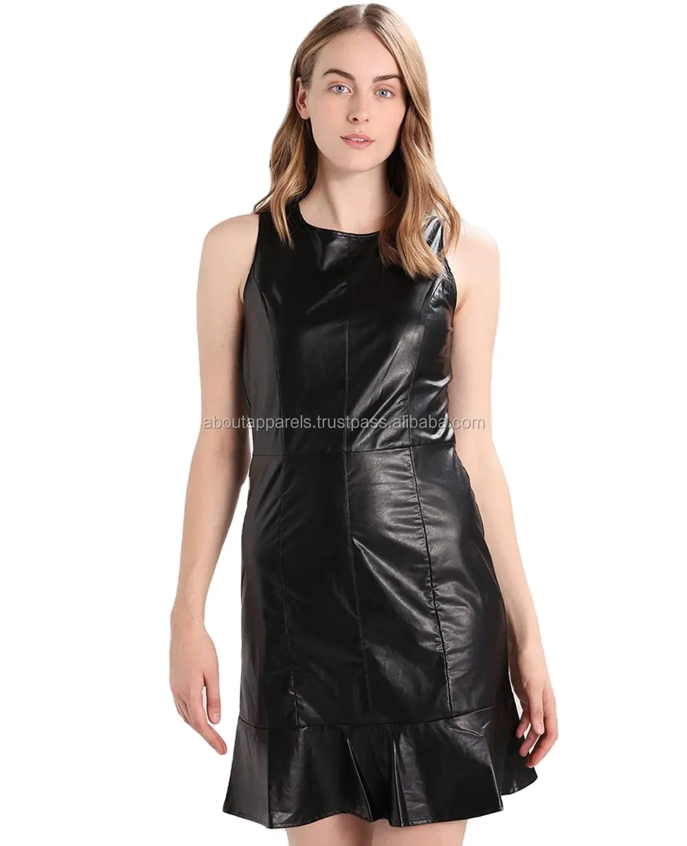 最高品質の女性クラブドレス革セクシーなショートレザードレス、卸売カスタム本物のシープスキンレザードレス