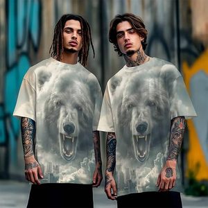 T-shirt à manches courtes pour homme, col rond, imprimé graphique tête d'ours Cloud City, coupe ample, style streetwear décontracté, 100% coton tricoté - Product Image 6