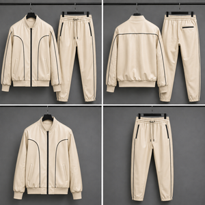 Ensemble veste bomber longue et pantalon blanc pour homme, logo frontal, cuir PU, couleur unie, col rabattu, fermeture boutonnée, vêtement de printemps - Product Image 3