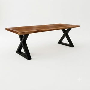 Juego de Comedor Rectangular Moderno de Madera Maciza de Suar para Restaurante, Patas en X de Hierro, 9 Piezas, Dos Bancos, Uso Doméstico - Product Image 4