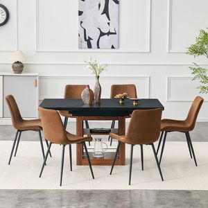 Set Tavolo da Pranzo Allungabile 59-71 Pollici con 6 Sedie Comode in Tessuto Marrone per Sala da Pranzo - Product Image 3