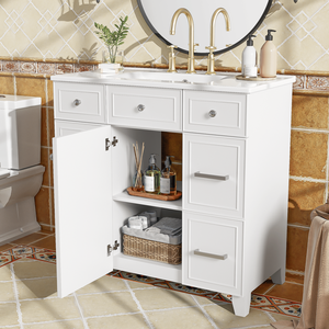 Mobile Bagno in Legno Massello Bianco da 36 Pollici con Lavabo in Ceramica, Ante con Chiusura Ammortizzata, Ripiani Regolabili, 3 Cassetti e Doppio Spazio di Archiviazione - Product Image 4