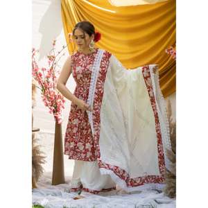 Conjunto de Traje de Algodón y Chifón Transpirable con Estampado Floral Rojo Primavera para Mujer - Talla XS - Product Image 1