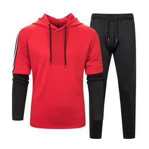 Ensemble de survêtement à capuche bicolore pour homme, 100 % polyester, avec pantalon de jogging à manches rayées, vêtements de sport athlétiques, vente en gros OEM en vrac - Product Image 1