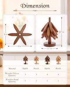 High Quality Eco-Friendly Set 4 <b>Wooden</b> <b>Trivets</b> 1 Stand Round Shape Hot Dishes Kitchen Coasters Stackable Carton - Product Image 6
