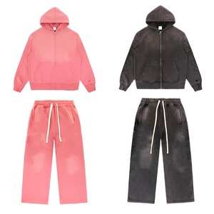 Survêtement à capuche décontracté brodé en molleton épais 100 % coton délavé style vintage, coupe oversize, pour la vente en gros - Product Image 1