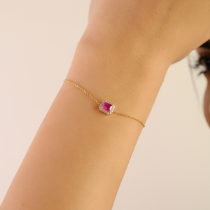 14K Solid Gold <b>Ruby</b> Halo Diamond Chain <b>Bracelet</b> for Women - Product Image 1