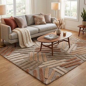 Alfombra Moderna de Lana con Diseño Geométrico, Alfombra Anudada a Mano, Alfombra Abstracta Beige Marrón, Alfombra Contemporánea para Decoración de Sala de Estar y Dormitorio - Product Image 3
