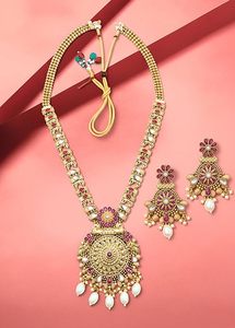 Conjunto de Collar y Pendientes de Aleación Chapada en Oro con Diseño de Flor, Circonita y Perla, Joyería Étnica Vintage Polki para Bodas, para Mujer - Product Image 2