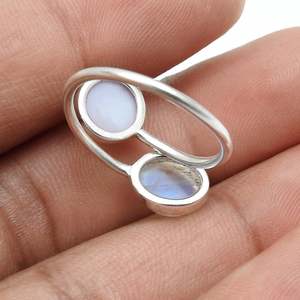 Natural Pink <b>Opal</b> & Rainbow Moonstone Gemstone Boho <b>Ring</b> In 925 Sterling <b>Silver</b> Handmade Two-Stone Twister Stackable <b>Ring</b> - Product Image 4