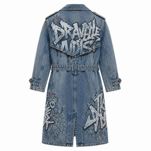 Gabardina de mezclilla con estampado de grafiti y efecto desgastado para hombre, azul medio, larga, con cinturón, estilo Duster, ropa de calle, prenda exterior - Product Image 3