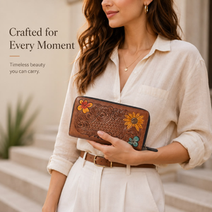 Hand Tooled Genuine Leather Women's Zip Around <b>Wallet</b> Handmade Floral Woven <b>Long</b> <b>Wallet</b> Vintage Western RFID Travel Cash <b>Wallet</b> - Product Image 2