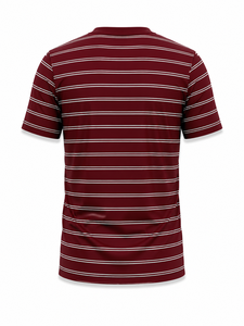 Men's Maroon Striped Short Sleeve T-<b>Shirt</b> O-Neck Regular Fit Breathable Casual Knitted <b>100</b>% <b>Polyester</b> Printed Front Logo - Product Image 3