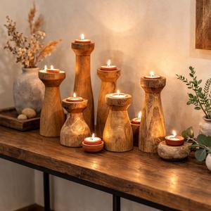 Support de bougie chauffe-plat en bois européen fait main, forme sablier, décoration de Noël pour la maison, porte-bougie en bois massif personnalisé - Product Image 2