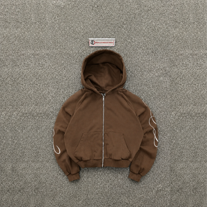 Sweat à capuche zippé marron oversize, épais, style streetwear, coupe décontractée, manches vintage, broderie de designer - Product Image 5