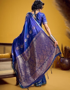 KV <b>Satin</b> Blue Woven Design Designer <b>Saree</b> With Unstitched Blouse - Product Image 5