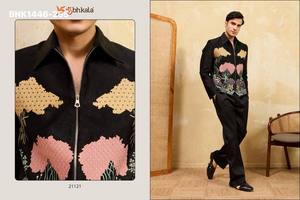 Colección de Conjuntos de Chaqueta de Manga Larga y Pantalón sin Coser de Terciopelo/Seda Khadi con Bordado de Cadena, a la Moda, de Proveedor de Surat - Product Image 2