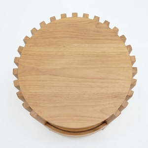 Solid Teak Wood Round Side <b>Table</b> With <b>Drawer</b> Slatted Cylinder Nightstand Minimalist Bedroom Furniture For Hotel - Product Image 4