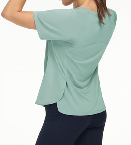 T-shirt de sport sans couture pour femme, léger, respirant, à manches courtes, pour yoga et athlétisme, avec fentes latérales, haut de fitness, vente en gros OEM ODM - Product Image 6