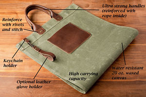 Grand sac de transport pour bois de chauffage en toile cirée imperméable avec poignée en cuir, porte-bûches et porte-bois en cuir - Product Image 3