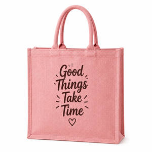 For Jute Shopping <b>Bag</b> with 'Good Things Take Time' Print Zipper Closure Hand Length Handle <b>Medium</b> <b>Size</b> AMANI - Product Image 1