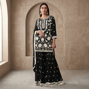 Kurti noir brodé avec pantalon palazzo, tenue ethnique traditionnelle pour femmes, longueur au sol, Inde, Pakistan, coton, coupe ample - Product Image 1
