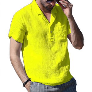 Polo en lin et coton blanc à manches courtes pour homme, décontracté, couleur unie, avec poche, respirant, coupe classique - Product Image 3