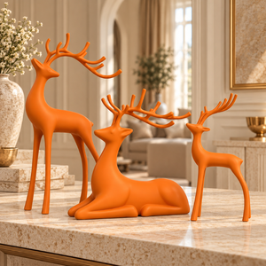 Trio de figurines de cerfs artistiques orange avec cornes |   Ensemble de 3 sculptures élégantes pour table, salon, bureau, étagère, décoration intérieure - Product Image 4