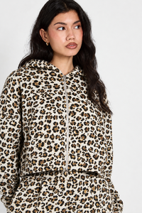 Conjunto de Sudadera con Capucha y Pantalones Anchos con Estampado de Leopardo Blanco y Amarillo para Mujer, Manga Larga, Cierre de Cremallera, Cintura Elástica, Estilo Casual - Product Image 4