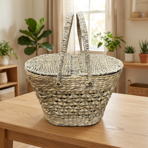 Handwoven Eco-Friendly Vintage Water Hyacinth Picnic <b>Basket</b> <b>Lid</b> Double Handles Oval Wicker Storage Hamper for Home Decoration - Product Image 6