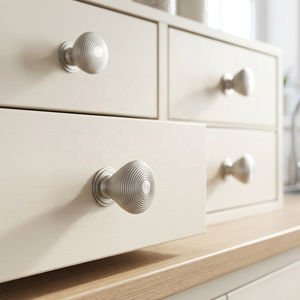 Bouton de meuble rond moderne en laiton, finition nickel satiné, design linéaire, pour armoires, commodes et tiroirs de cuisine, style bouton décoratif - Product Image 6