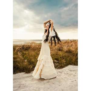 Robe longue bohème pour femmes, col en V, manches courtes, ourlet à volants superposés, robe longue d'été pour la plage - Product Image 3