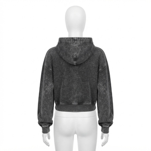 Women's Black Washed <b>Cropped</b> <b>Zip</b> <b>Up</b> <b>Hoodie</b> Fleece Sweatshirt Casual Hooded Jacket Custom Logo - Product Image 4