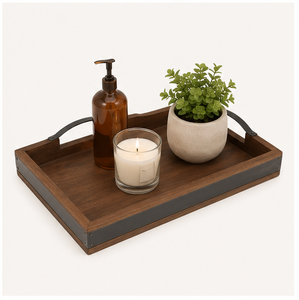 Bandeja de madera rústica al por mayor con asas metálicas resistentes, bandeja rectangular decorativa de madera para mesa de centro o otomana - Product Image 2