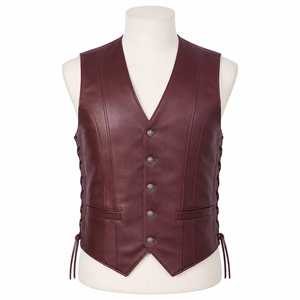Chaleco de Algodón para Hombre, Estilo Cuero Borgoña, Cuello en V, Otoño, Casual, Cierre de Botones, Talla Grande, Cortavientos - Product Image 2