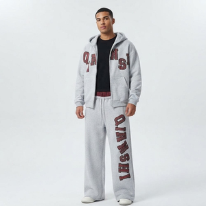 Men's Gray Cotton Hooded Tracksuit <b>Full</b> <b>Zip</b> <b>Sweatshirt</b> With Letter Print Loose Fit Casual Autumn Wear - Product Image 1