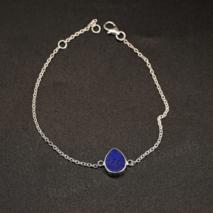 Trendy Natural Lapis Lazuli Gemstone 7x9mm Pear Bezel Solid 925 Silver Rhodium <b>Adjustable</b> Chain Minimalist <b>Bracelet</b> For Women - Product Image 4