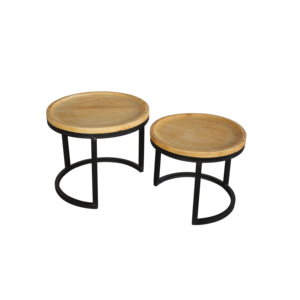 Round Wooden Nesting Coffee <b>Table</b> Set of Two Solid Timber Tray Top with <b>Black</b> Metal Frame Modern Living Room <b>Side</b> <b>Tables</b> Duo - Product Image 3