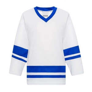 Camiseta de Hockey sobre Hielo Personalizada, Sublimada, Blanca con Rayas Azules, Cuello en V, Transpirable, Talla Grande, para Hombre - Product Image 1